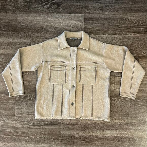 EUC Elliott Lauren Beige Top Stitch Button Front Sweater Jacket Sz M Fringe Hem - Picture 11 of 16